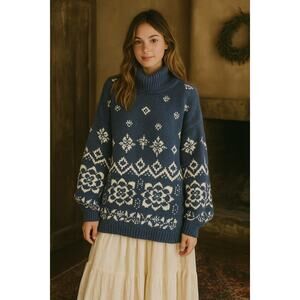 Vintage Fair Isle Blue Floral Sweater Express Handknit Medium Cozy Soft Cabin